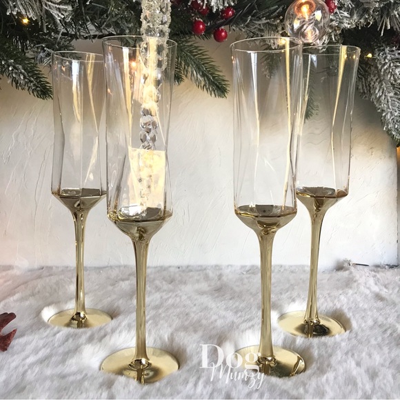 4 Luxe Habitat Yellow Gold Champagne Flute Wine Glass Box Set - Picture 6 of 7